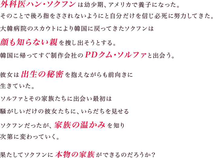 外科医ハン・ソクフンは幼少期、アメリカで養子になった。そのことで後ろ指をさされないようにと自分だけを信じ必死に努力してきた。大韓病院のスカウトにより韓国に戻ってきたソクフンは顔も知らない親を捜し出そうとする。韓国に帰ってすぐ制作会社のPDクム・ソルファと出会う。彼女は出生の秘密を抱えながらも前向きに生きていた。ソルファとその家族たちに出会い最初は騒がしいだけの彼女たちに、いらだちを見せるソクフンだったが、家族の温かみを知り次第に変わっていく。果たしてソクフンに本物の家族ができるのだろうか?