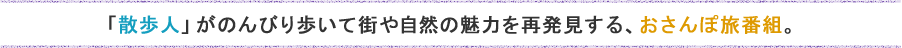 「散歩人」がのんびり歩いて街や自然の魅力を再発見する、おさんぽ旅番組。