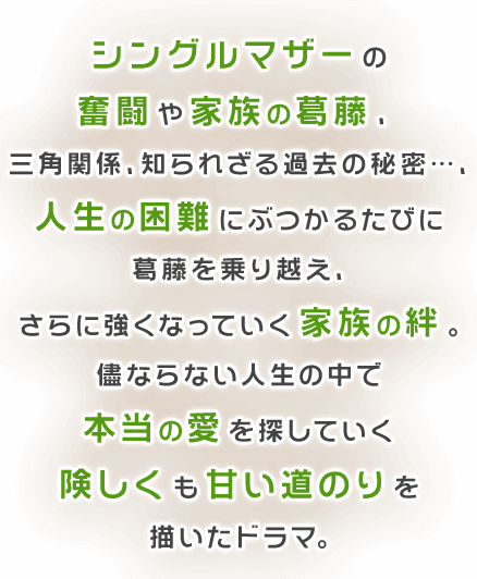 シングルマザーの奮闘や家族の葛藤、三角関係、知られざる過去の秘密…、人生の困難にぶつかるたびに葛藤を乗り越え、さらに強くなっていく家族の絆。儘ならない人生の中で本当の愛を探していく険しくも甘い道のりを描いたドラマ。