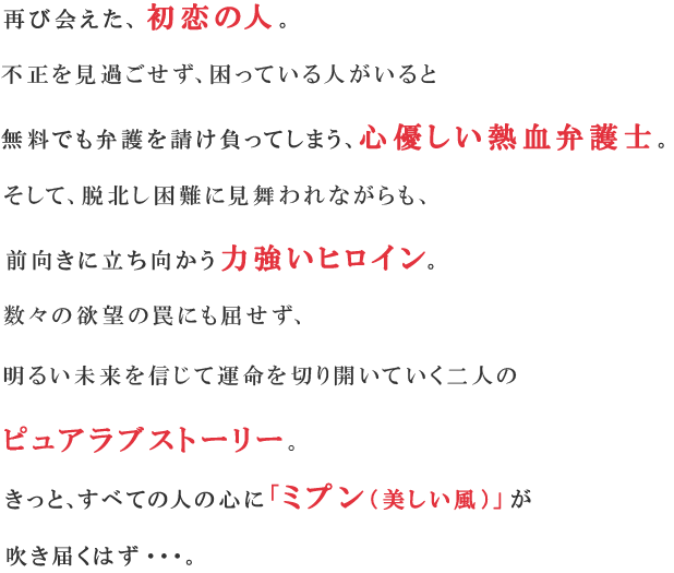 再び会えた、初恋の人。不正を見過ごせず、困っている人がいると無料でも弁護を請け負ってしまう、心優しい熱血弁護士。そして、脱北し困難に見舞われながらも、前向きに立ち向かう力強いヒロイン。数々の欲望の罠にも屈せず、明るい未来を信じて運命を切り開いていく二人のピュアラブストーリー。きっと、すべての人の心に「ミプン（美しい風）」が吹き届くはず・・・。