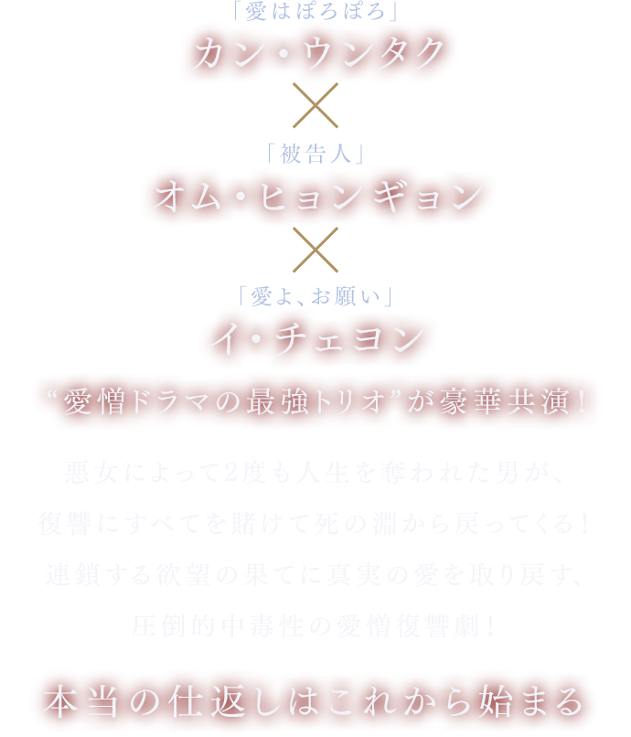 「愛はぽろぽろ」カン・ウンタク×「被告人」オム・ヒョンギョン×「愛よ、お願い」イ・チェヨン“愛憎ドラマの最強トリオ”が豪華共演！ 悪女によって2度も人生を奪われた男が、復讐にすべてを賭けて死の淵から戻ってくる！ 連鎖する欲望の果てに真実の愛を取り戻す、圧倒的中毒性の愛憎復讐劇！ 本当の仕返しはこれから始まる