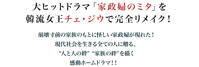 大ヒットドラマ「家政婦のミタ」を韓流女王チェ・ジウで完全リメイク！
崩壊寸前の家族のもとに怪しい家政婦が現れた！
現代社会を生きる全ての人に贈る、“人と人の絆” “家族の絆”を描く感動ホームドラマ！！