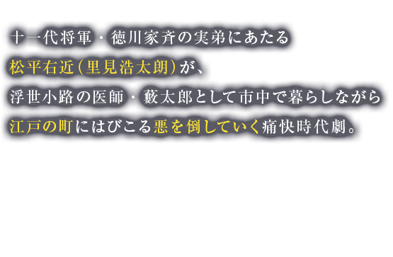 十一代将軍・徳川家斉の実弟にあたる松平右近（里見浩太朗）が、浮世小路の医師・藪太郎として市中で暮らしながら江戸の町にはびこる悪を倒していく痛快時代劇。