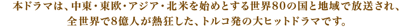 本ドラマは、中東・東欧・アジア・北米を始めとする世界80の国と地域で放送され、全世界で8億人が熱狂した、トルコ発の大ヒットドラマです。