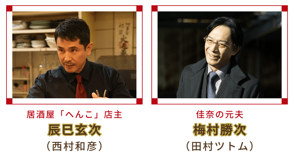居酒屋「へんこ」店主 辰巳玄次 （西村和彦）・佳奈の元夫 梅村勝次 （田村ツトム）