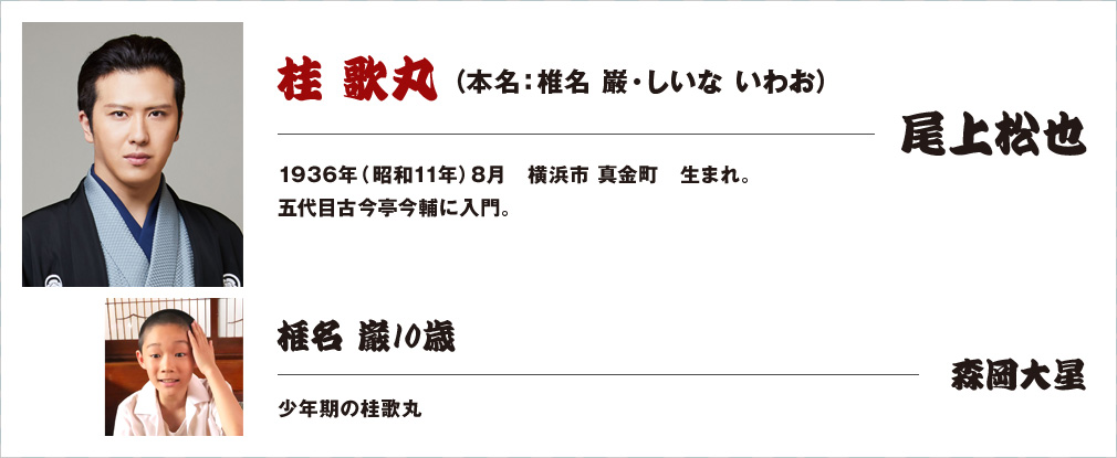 桂 歌丸（本名：椎名 巌・しいな いわお）・・・尾上松也　椎名 巌10歳・・・森岡大星