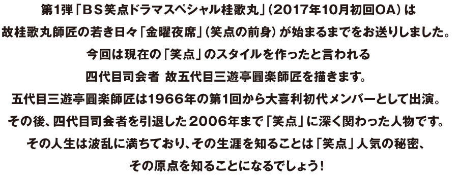 第1弾「ＢＳ笑点ドラマスペシャル桂歌丸」（2017年10月初回OA）は
故桂歌丸師匠の若き日々「金曜夜席」（笑点の前身）が始まるまでをお送りしました。
今回は現在の「笑点」のスタイルを作ったと言われる
四代目司会者 故五代目三遊亭圓楽師匠を描きます。
五代目三遊亭圓楽師匠は1966年の第1回から大喜利初代メンバーとして出演。
その後、四代目司会者を引退した2006年まで「笑点」に深く関わった人物です。
その人生は波乱に満ちており、その生涯を知ることは「笑点」人気の秘密、
その原点を知ることになるでしょう！