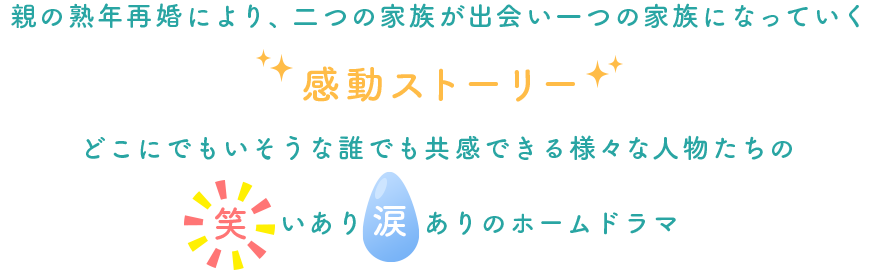 親の熟年再婚により、二つの家族が出会い一つの家族になっていく感動ストーリー どこにでもいそうな誰でも共感できる様々な人物たちの笑いあり涙ありのホームドラマ